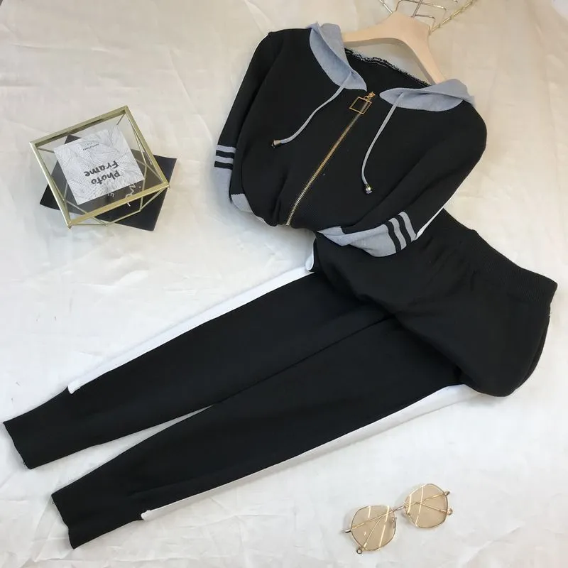 Grey and Black Hooded Slim Casual Pants Set