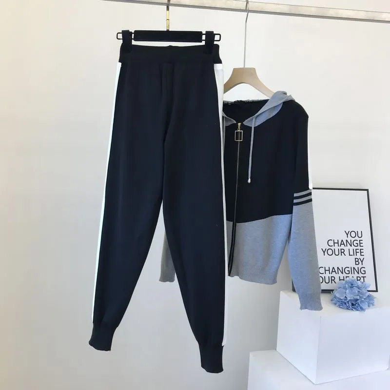 Grey and Black Hooded Slim Casual Pants Set