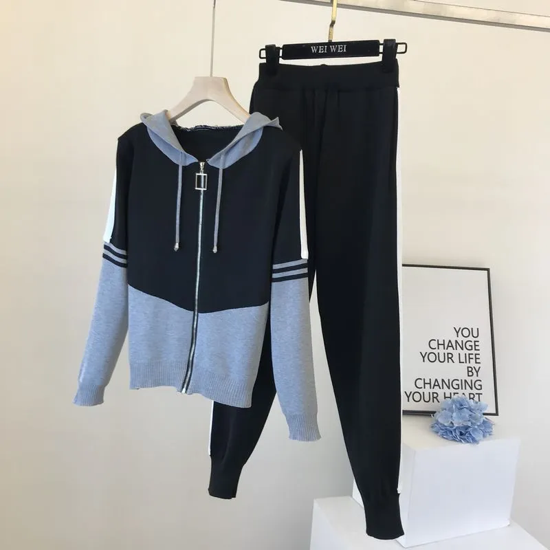 Grey and Black Hooded Slim Casual Pants Set