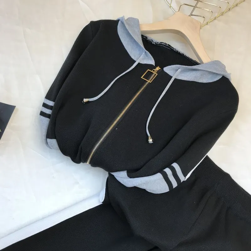 Grey and Black Hooded Slim Casual Pants Set