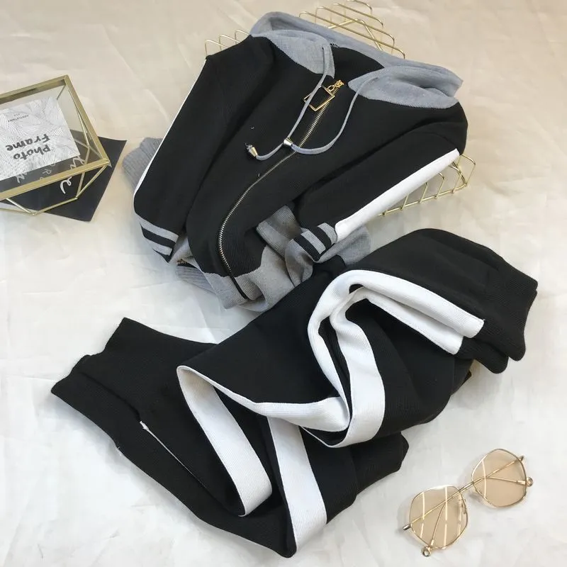 Grey and Black Hooded Slim Casual Pants Set