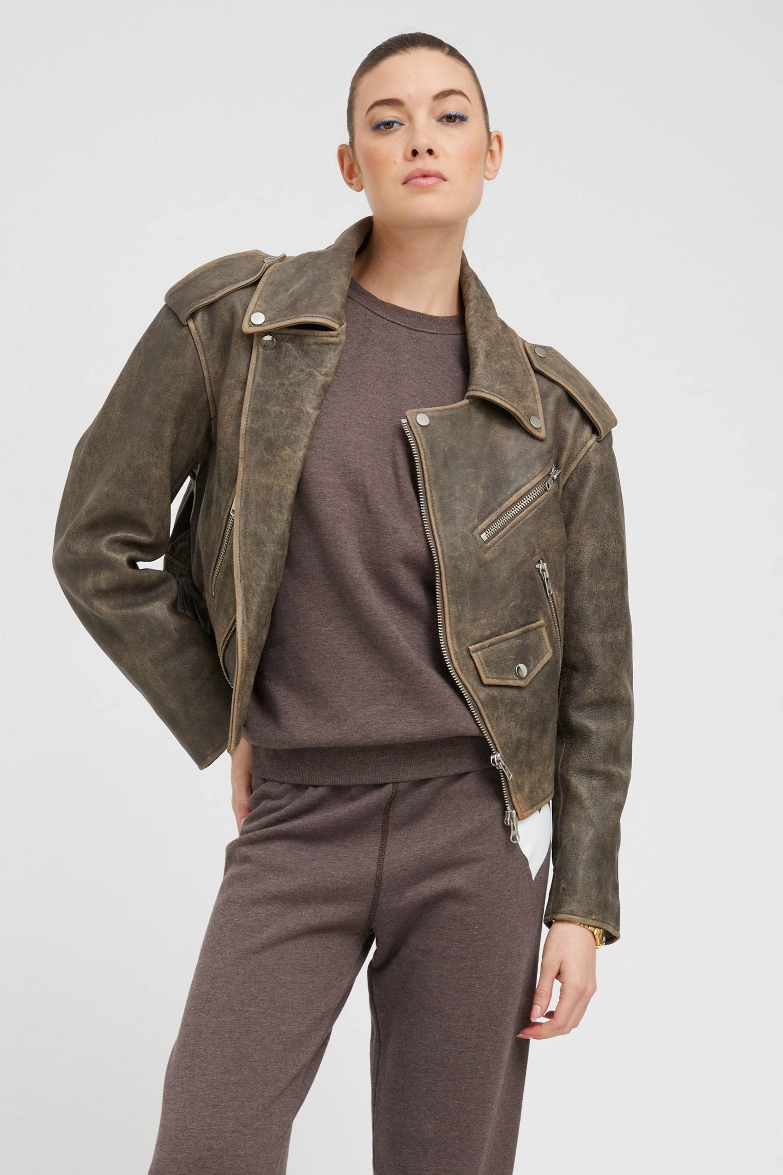 Grey Leather Biker Jacket Sporty Chic