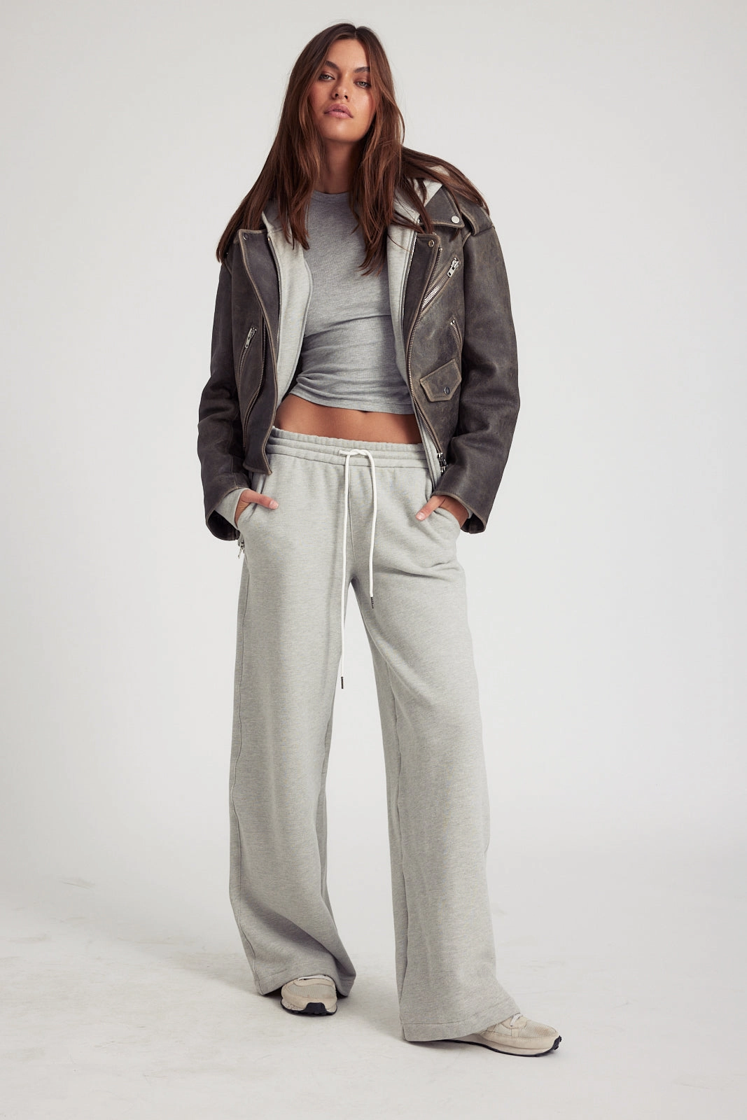 Grey Leather Biker Jacket Contoured Back Panel