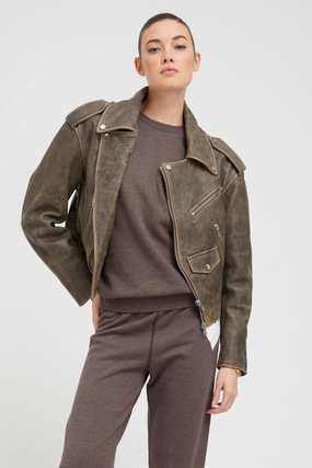 Grey Leather Biker Jacket Sporty Chic
