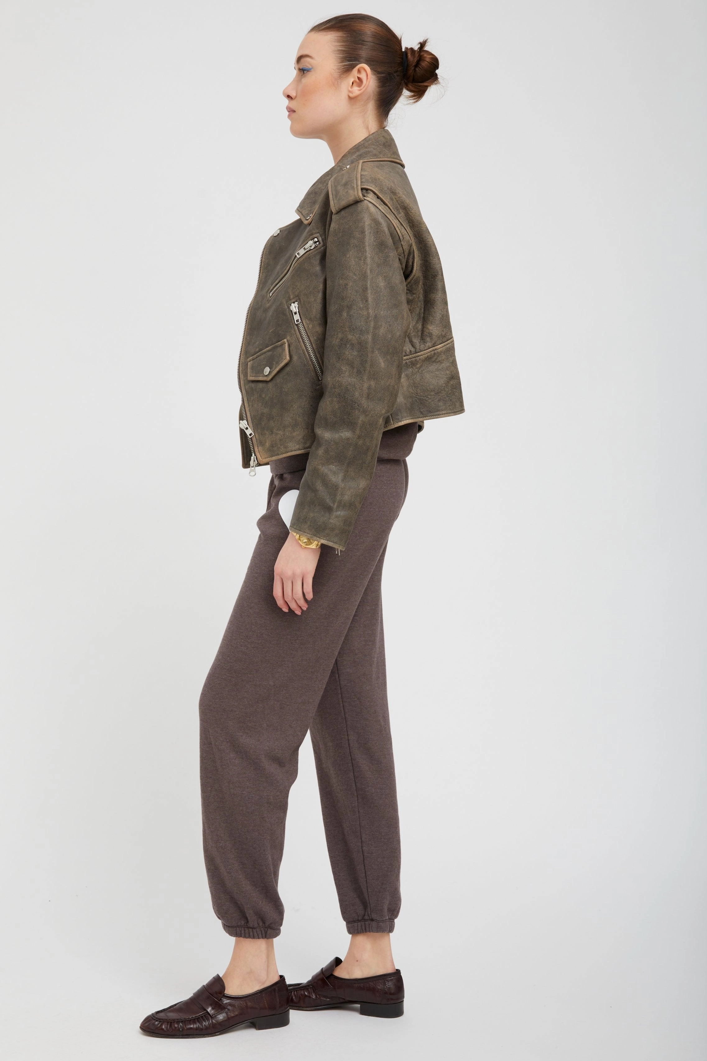 Grey Leather Biker Jacket Zipper Closure System