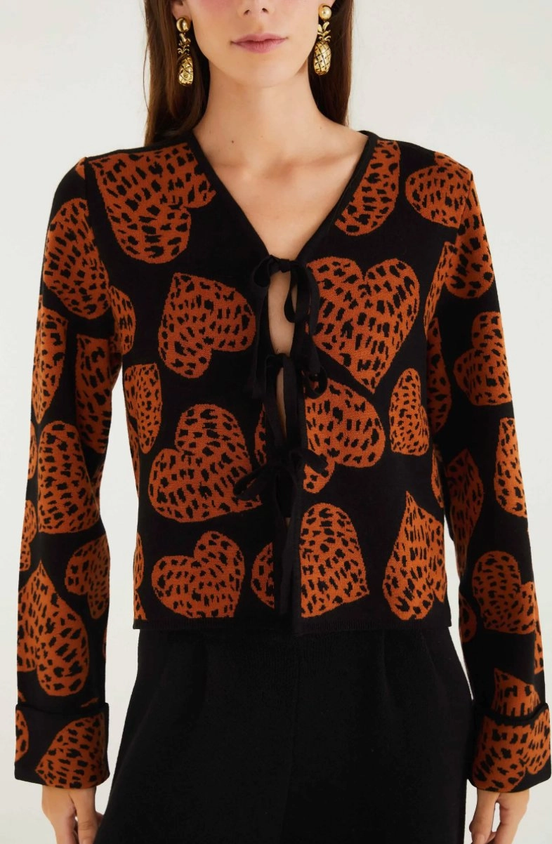Reinforced Shoulders Leopard Hearts Knit Cardigan