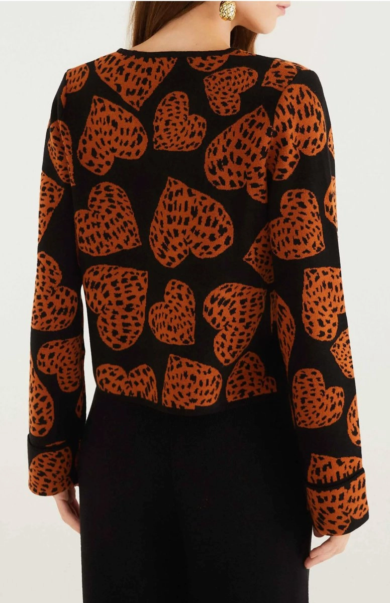 Double Needle Hemming Basic Wardrobe Leopard Hearts Knit Cardigan