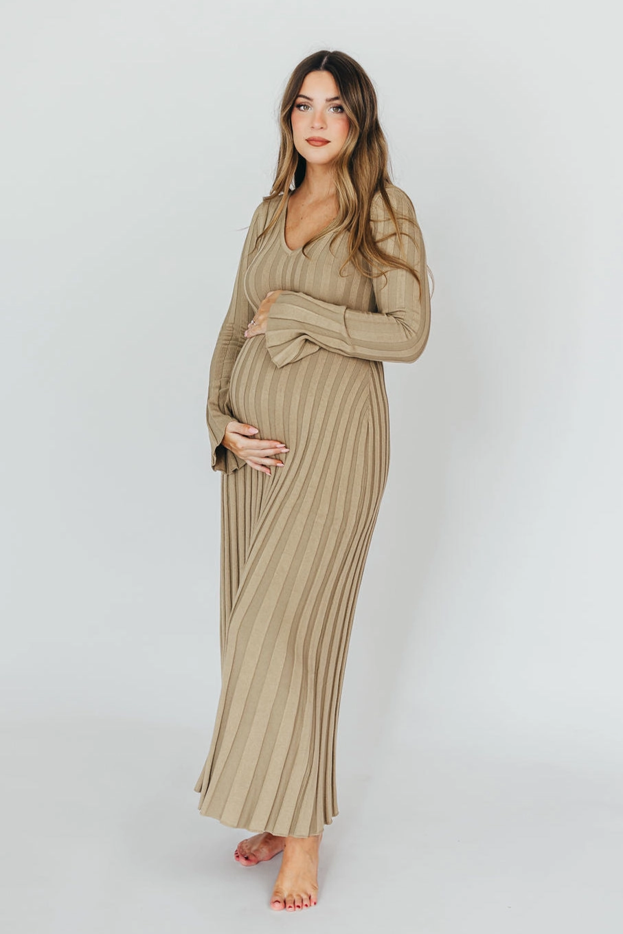 Hadley Long Sleeve V-Neck Knit Maxi Dress in Dune SoftTouchTexture Work or Play