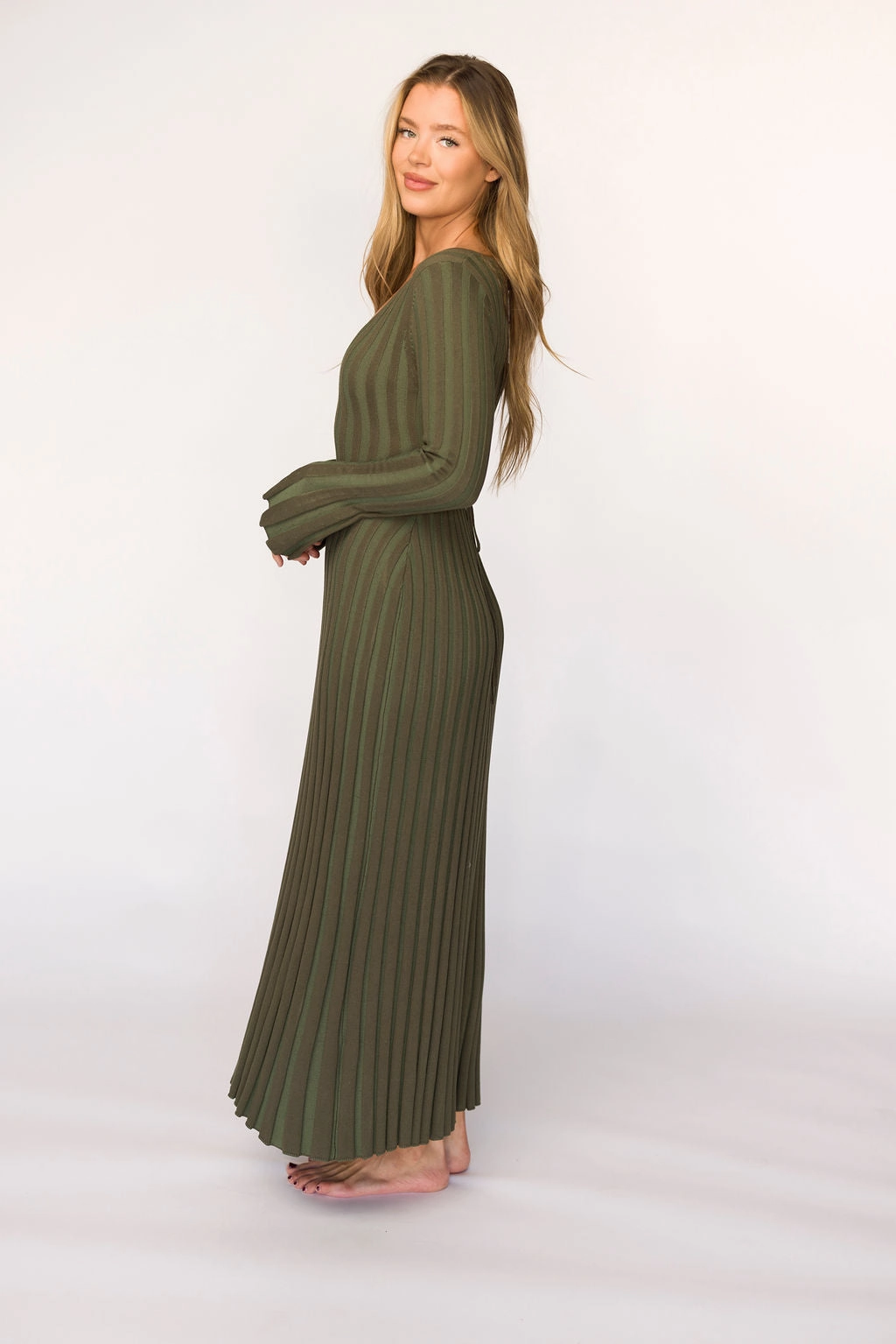 Hadley Long Sleeve V-Neck Knit Maxi Dress in Olive- Bump Friendly Glam Feel