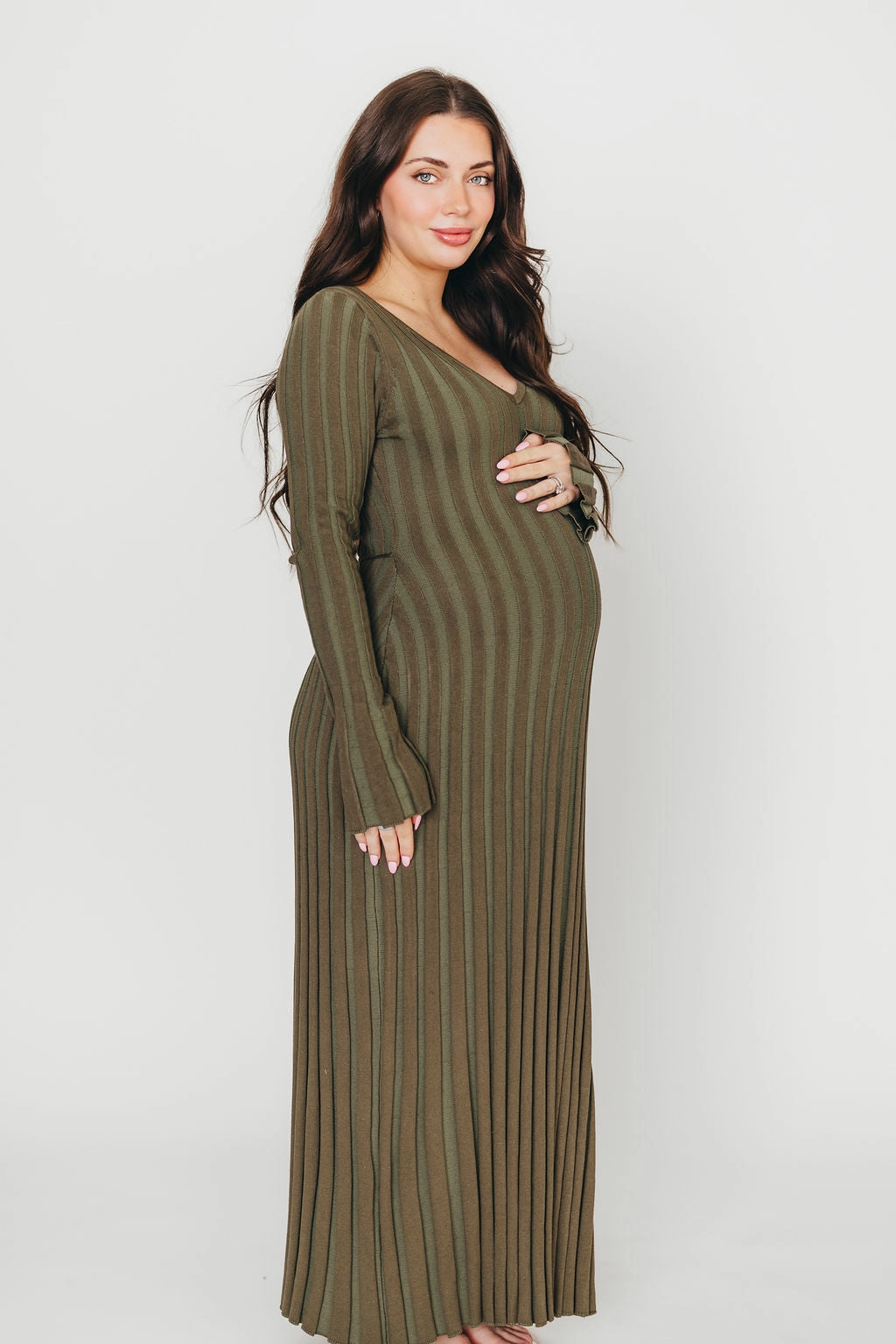 Hadley Long Sleeve V-Neck Knit Maxi Dress in Olive- Bump Friendly Casual Elegance
