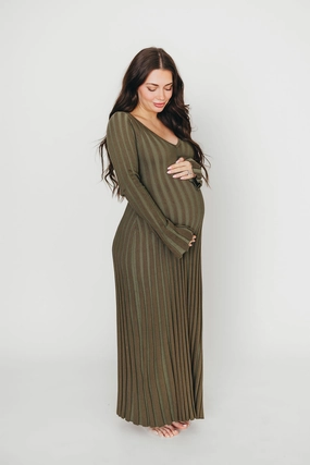 Hadley Long Sleeve V-Neck Knit Maxi Dress in Olive- Bump Friendly Polished Finish Pleated-Skirt