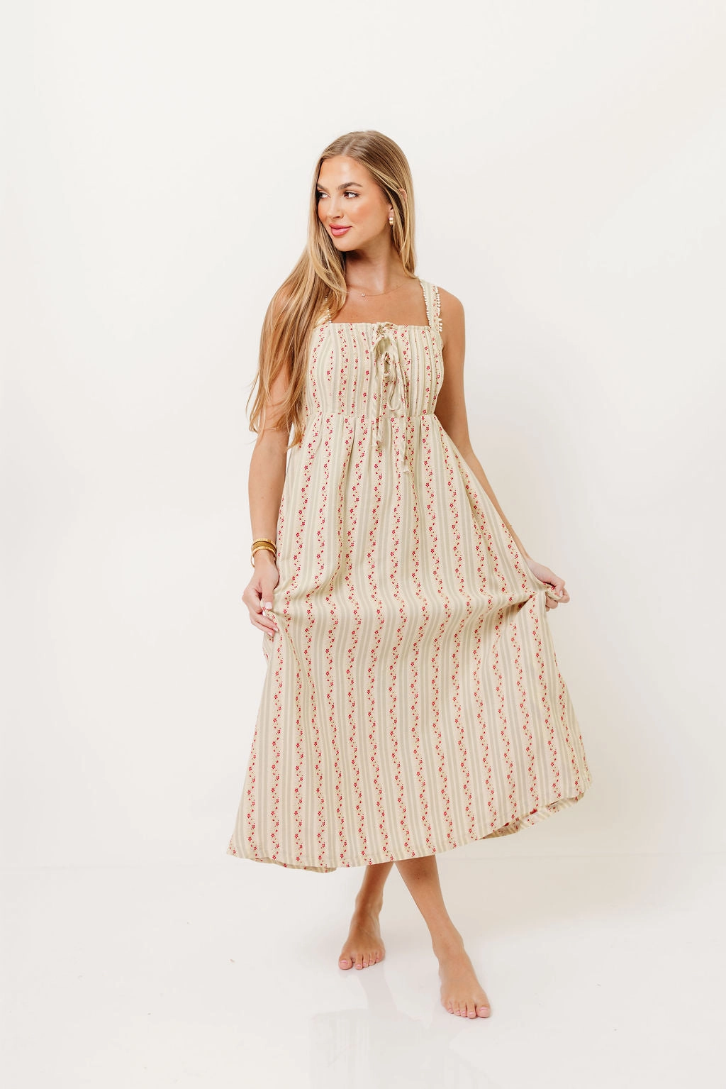 Chain-Detail Evening-Wear Haley Mae Cotton Floral Embroidered Striped Midi Dress in Sage