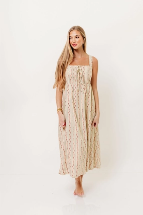 Gender Free Haley Mae Cotton Floral Embroidered Striped Midi Dress in Sage