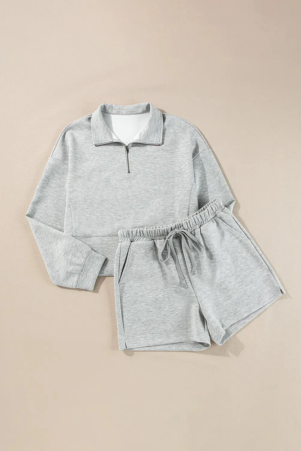 Half Zip Long Sleeve Shorts Set