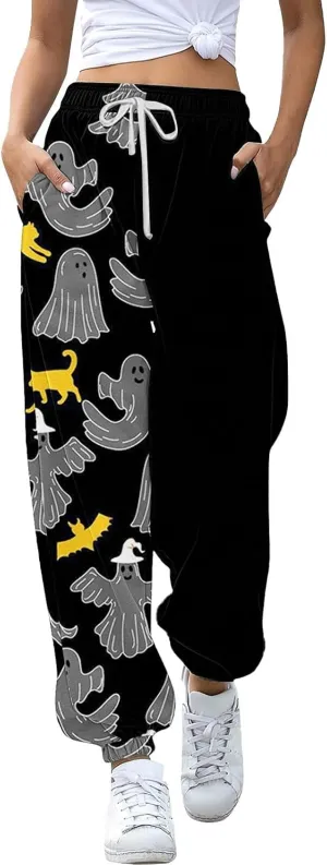 Halloween Ghost Print Sweatpants Women Baggy Joggers for Women High Waisted Cinch Bottom Pants with Pockets