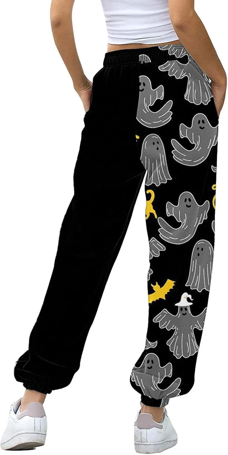 Halloween Ghost Print Sweatpants Women Baggy Joggers for Women High Waisted Cinch Bottom Pants with Pockets