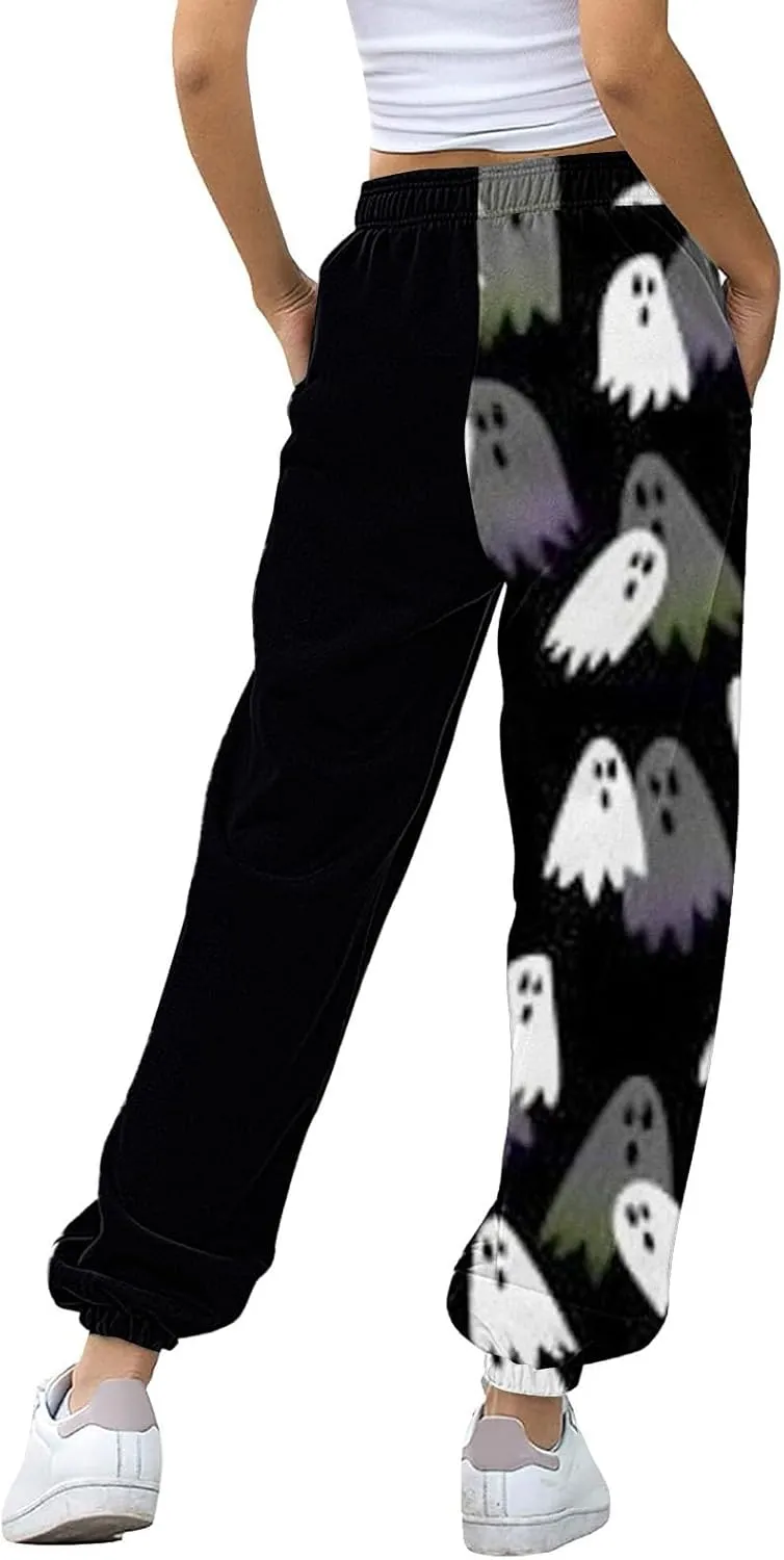 Halloween Ghost Print Sweatpants Women Baggy Joggers for Women High Waisted Cinch Bottom Pants with Pockets