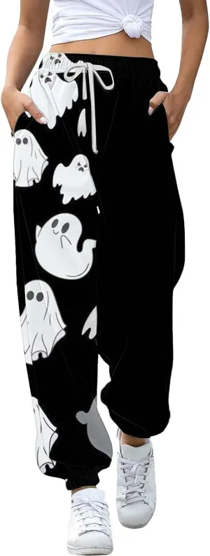 Halloween Ghost Print Sweatpants Women Baggy Joggers for Women High Waisted Cinch Bottom Pants with Pockets