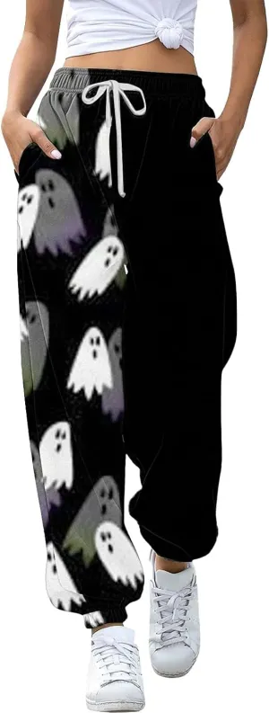 Halloween Ghost Print Sweatpants Women Baggy Joggers for Women High Waisted Cinch Bottom Pants with Pockets