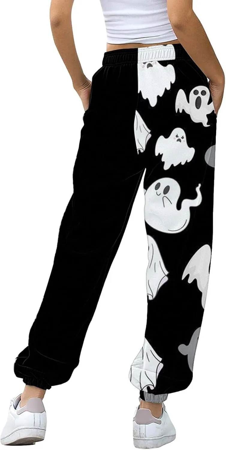 Halloween Ghost Print Sweatpants Women Baggy Joggers for Women High Waisted Cinch Bottom Pants with Pockets