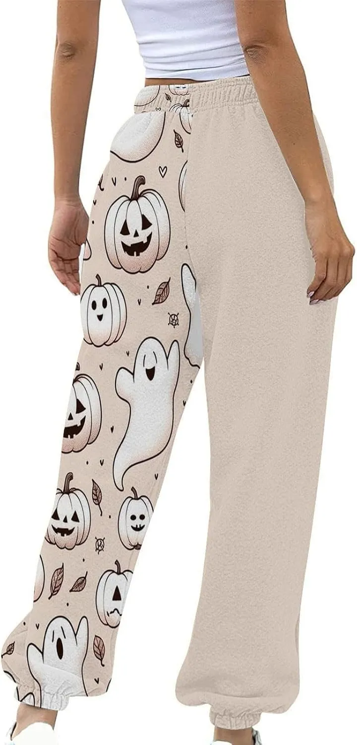Halloween Sweatpants for Women Cinch Bottom Ghost Print Joggers Drawstring High Waist Workout Pants with Pockets