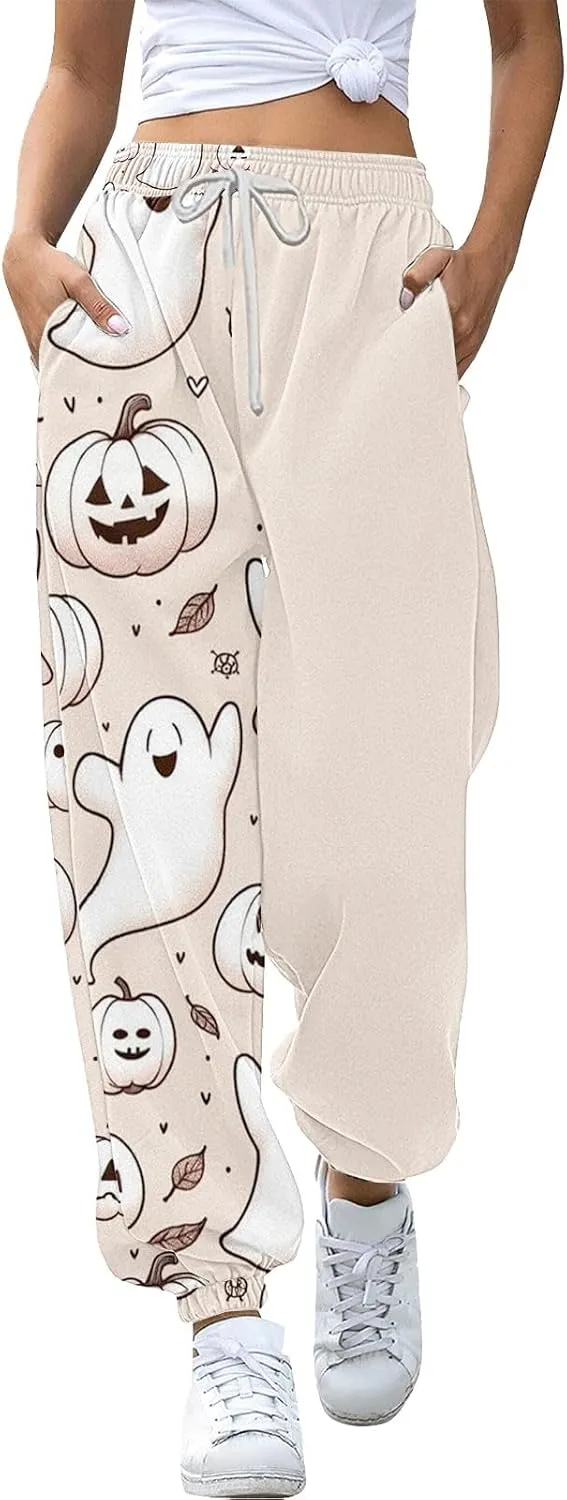 Halloween Sweatpants for Women Cinch Bottom Ghost Print Joggers Drawstring High Waist Workout Pants with Pockets