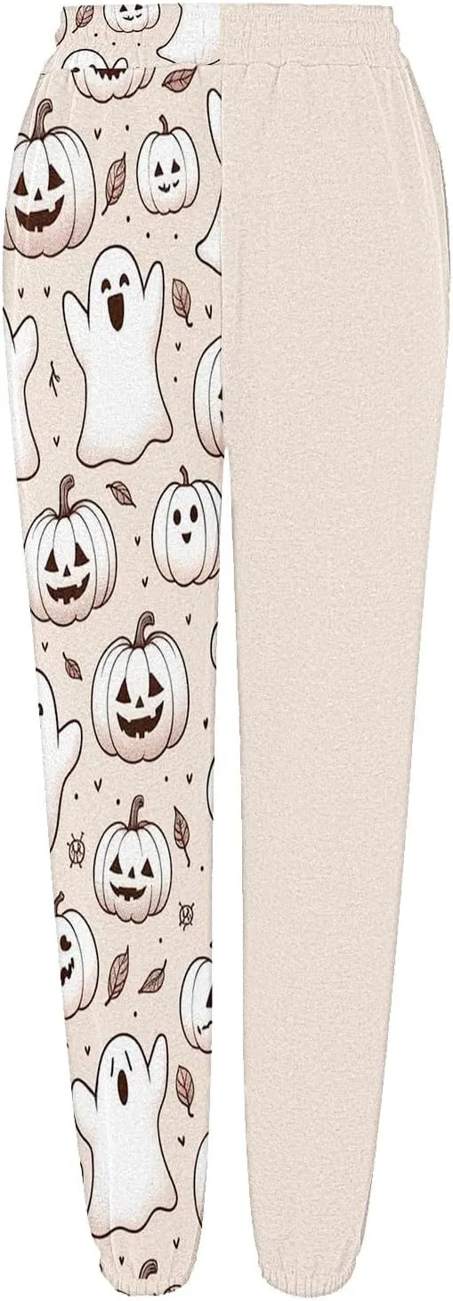 Halloween Sweatpants for Women Cinch Bottom Ghost Print Joggers Drawstring High Waist Workout Pants with Pockets