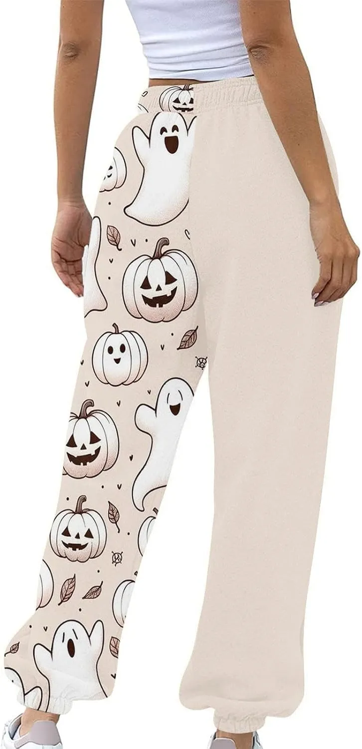 Halloween Sweatpants for Women Cinch Bottom Ghost Print Joggers Drawstring High Waist Workout Pants with Pockets