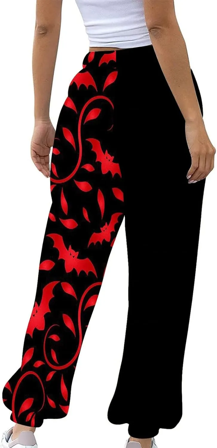 Halloween Sweatpants for Women Cinch Bottom Ghost Print Joggers Drawstring High Waist Workout Pants with Pockets