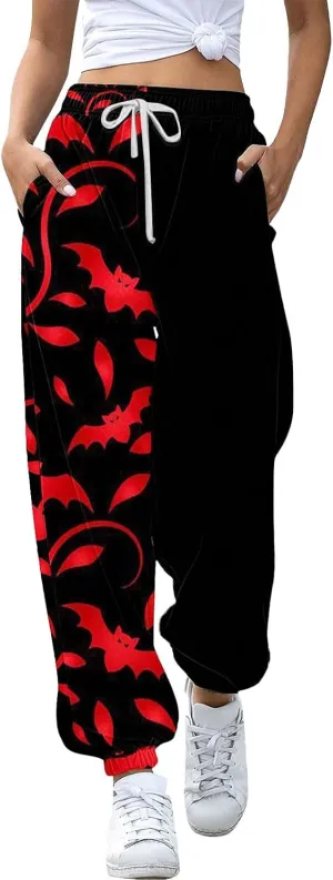 Halloween Sweatpants for Women Cinch Bottom Ghost Print Joggers Drawstring High Waist Workout Pants with Pockets