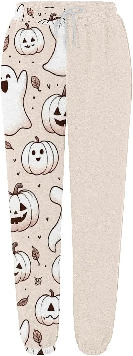 Halloween Sweatpants for Women Cinch Bottom Ghost Print Joggers Drawstring High Waist Workout Pants with Pockets