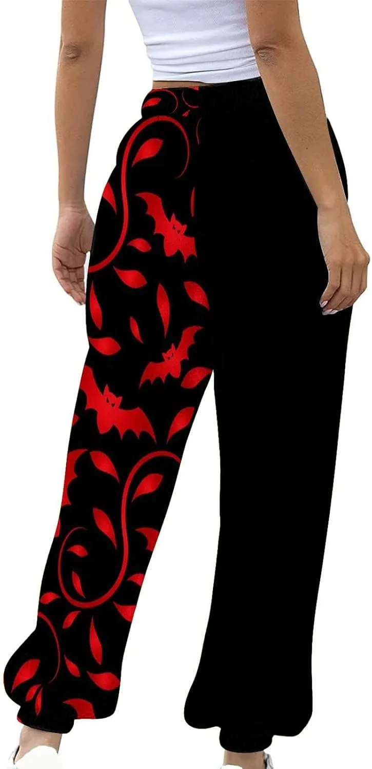 Halloween Sweatpants for Women Cinch Bottom Ghost Print Joggers Drawstring High Waist Workout Pants with Pockets
