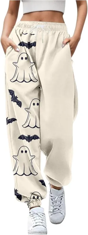 Halloween Sweatpants for Women Cinch Bottom Pumpkin Ghost Print Joggers High Waist Drawstring Athletic Pants Pockets
