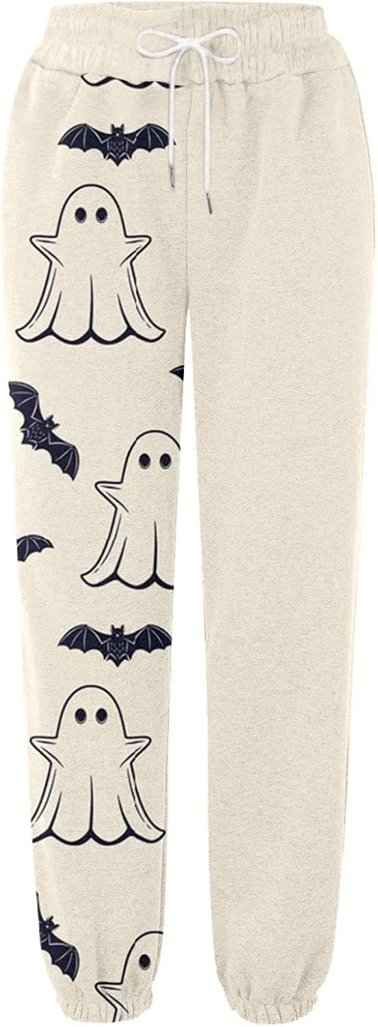Halloween Sweatpants for Women Cinch Bottom Pumpkin Ghost Print Joggers High Waist Drawstring Athletic Pants Pockets