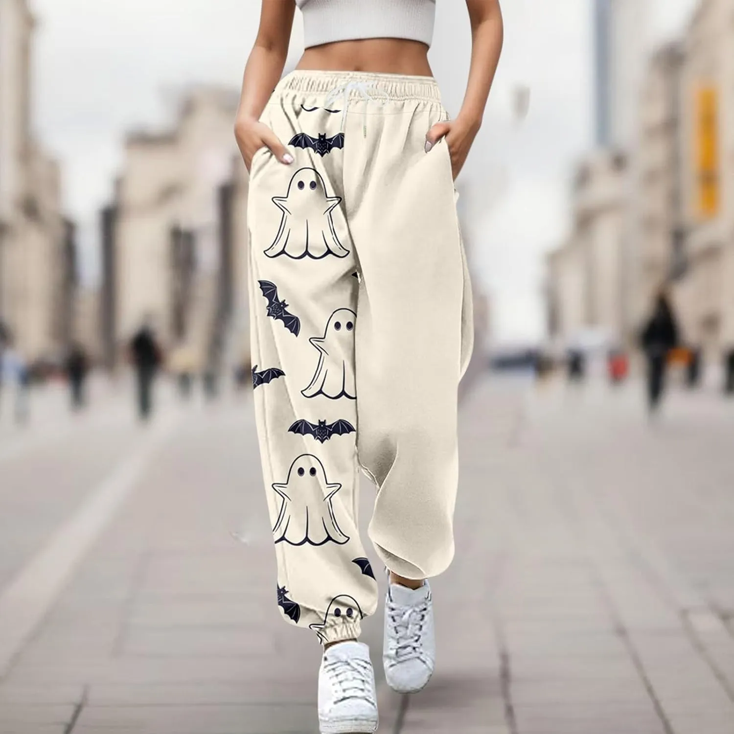 Halloween Sweatpants for Women Cinch Bottom Pumpkin Ghost Print Joggers High Waist Drawstring Athletic Pants Pockets