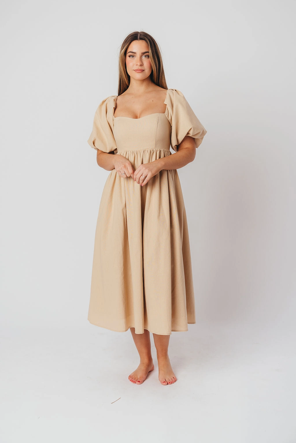 Back-Pocket Inner Smile Hamilton Midi Dress in Taupe - Bump Friendly (S-2XL) *Final-Sale*