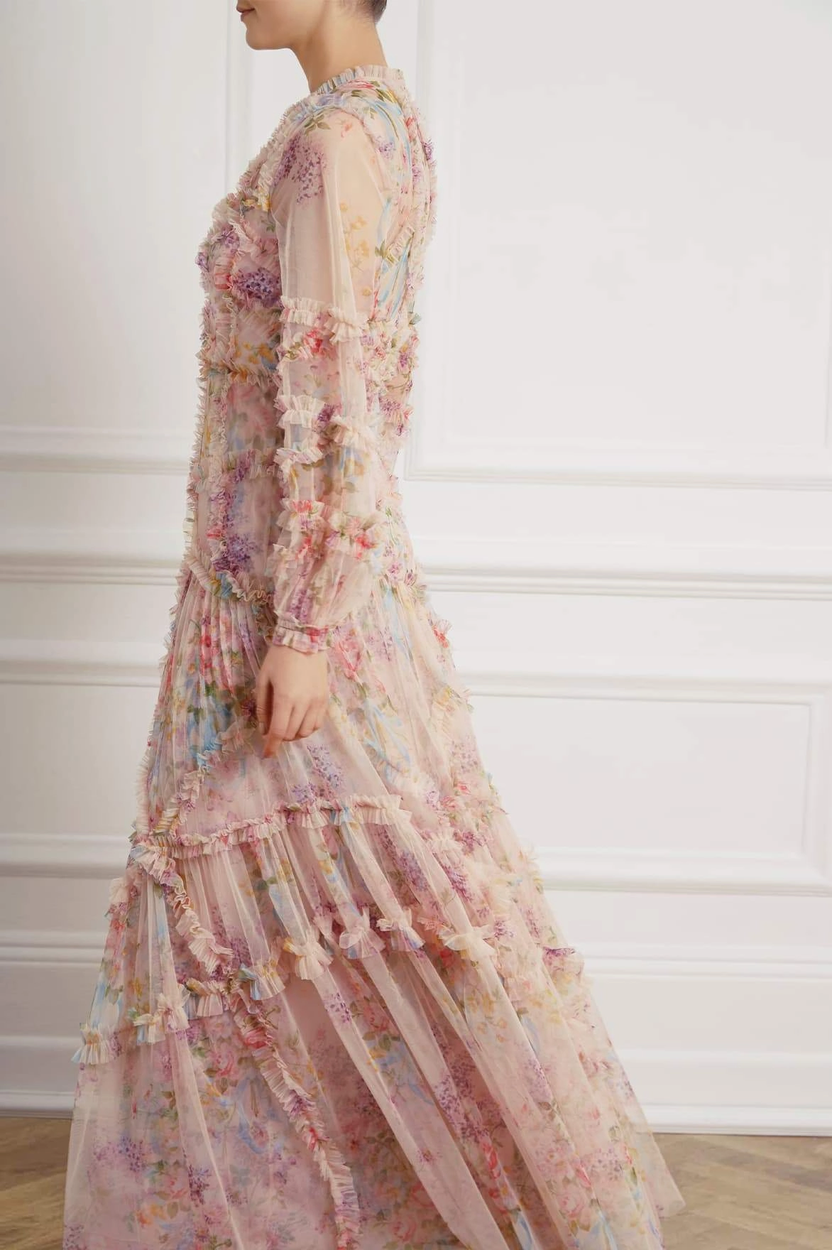 Smart and Elegant Neutral Tones Floral Diamond Ruffle Gown