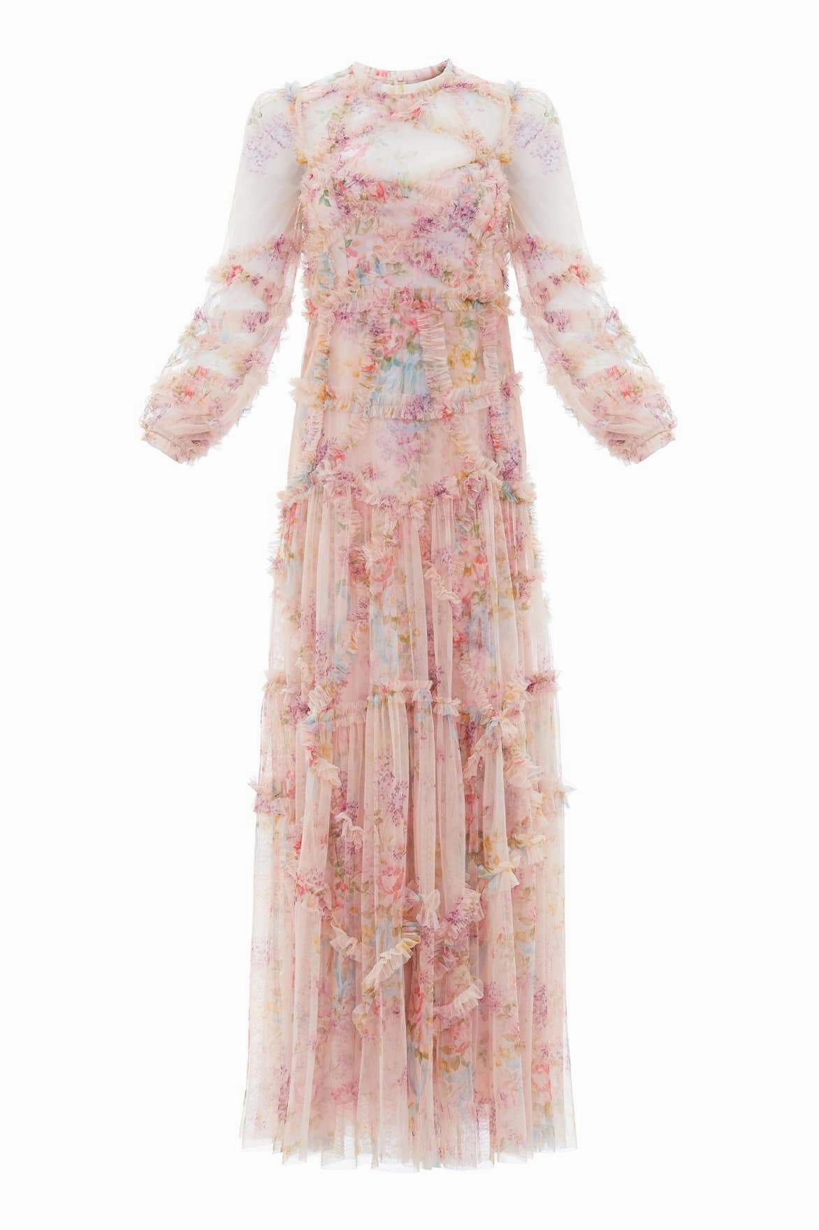 Peach Tone Classic Flow Floral Diamond Ruffle Gown