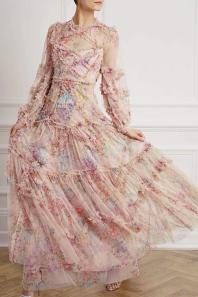 Nature Bloom Essential Style Floral Diamond Ruffle Gown