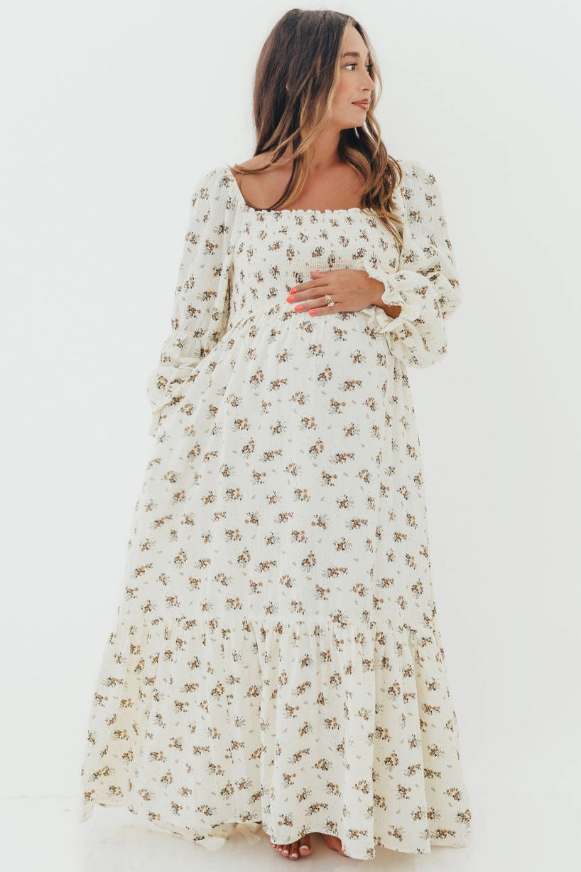Comfy Shape Emerson 100% Cotton Smocked Maxi Dress with Long Sleeves in Off White - Bump Friendly