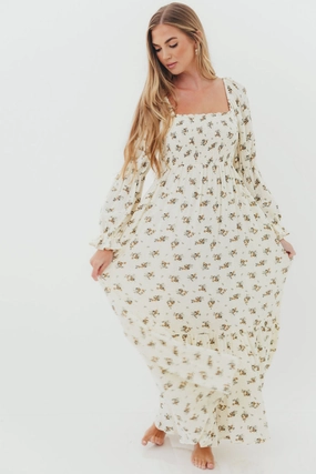 All Season Functional-Design Emerson 100% Cotton Smocked Maxi Dress with Long Sleeves in Off White - Bump Friendly