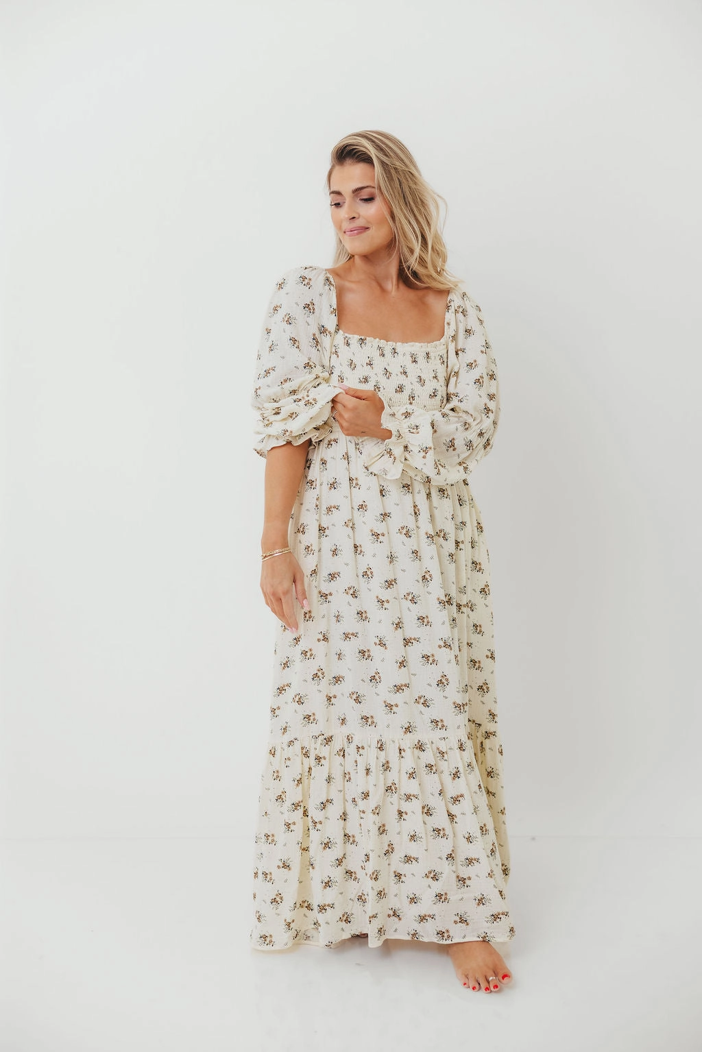 Garden-Party Emerson 100% Cotton Smocked Maxi Dress with Long Sleeves in Off White - Bump Friendly