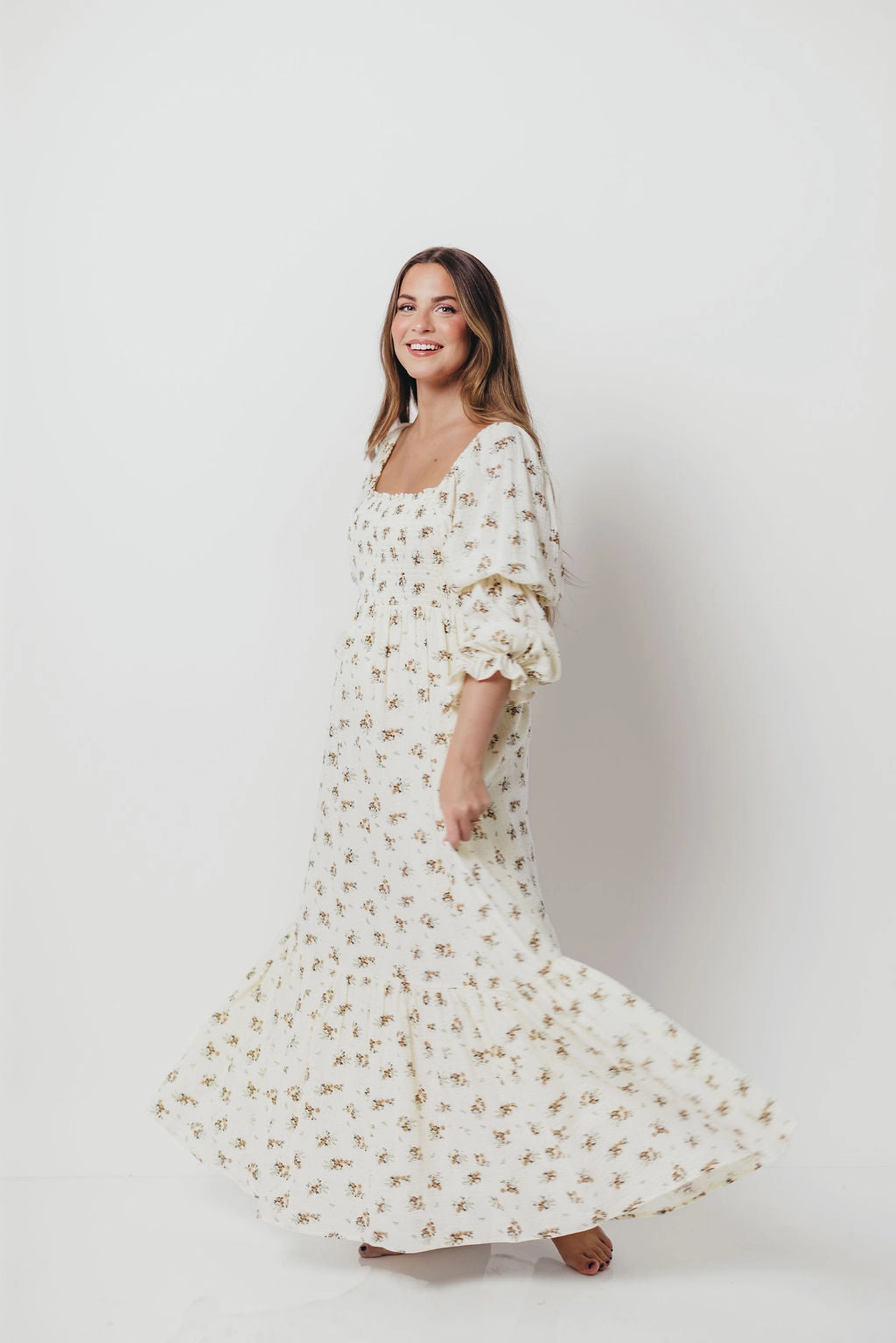Emerson 100% Cotton Smocked Maxi Dress with Long Sleeves in Off White - Bump Friendly Family Glow