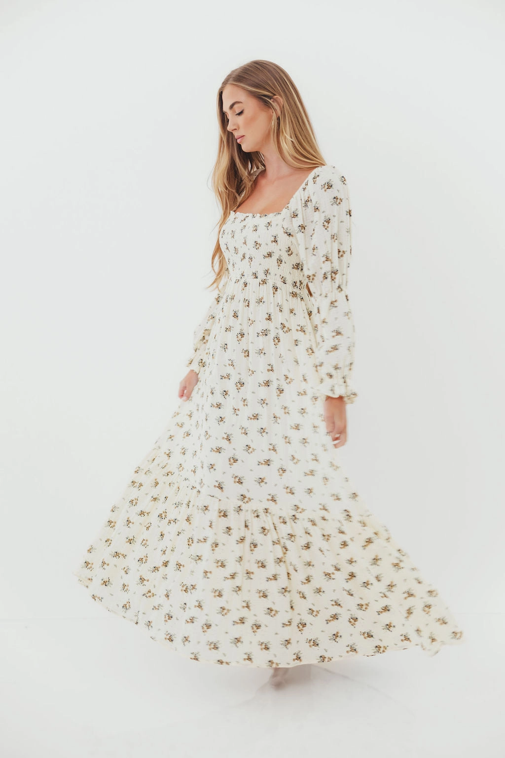 Emerson 100% Cotton Smocked Maxi Dress with Long Sleeves in Off White - Bump Friendly Stylish Touch