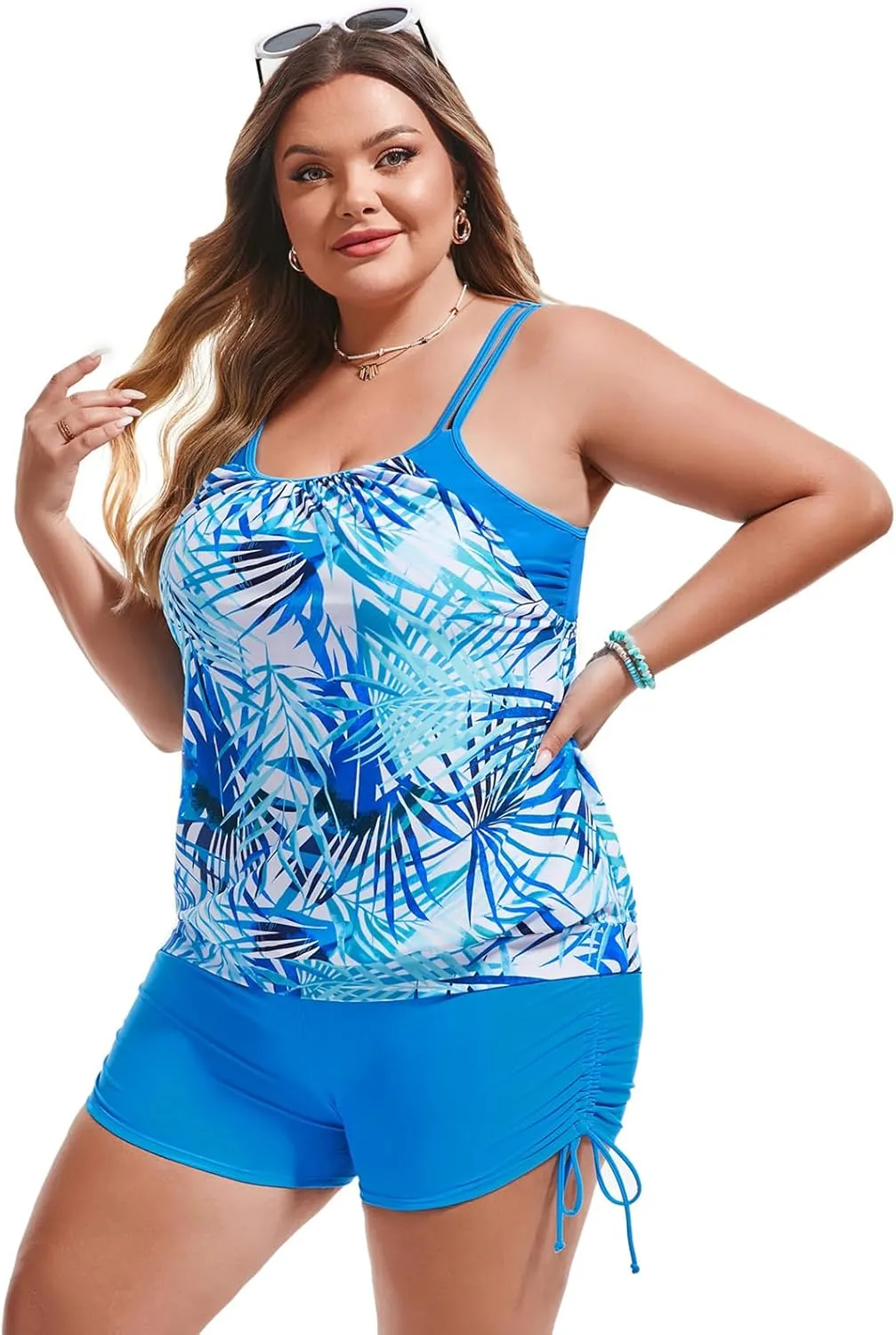 Hanna Nikole Womens Plus Size Striped Printed Strappy Tankini Top with Shorts Two Piece Swimsuit