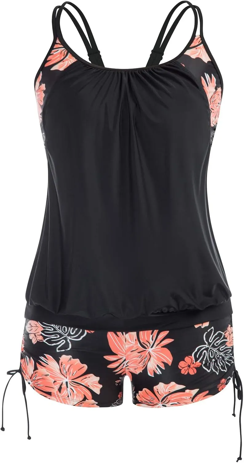 Hanna Nikole Womens Plus Size Striped Printed Strappy Tankini Top with Shorts Two Piece Swimsuit