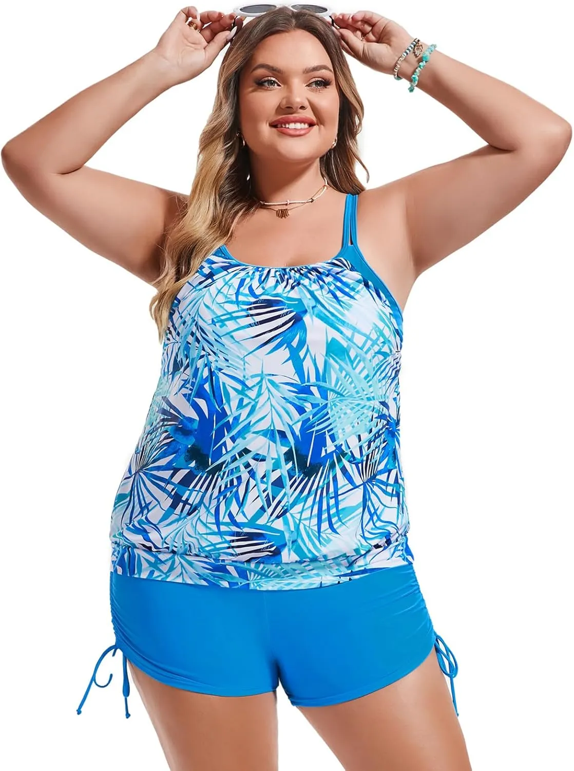 Hanna Nikole Womens Plus Size Striped Printed Strappy Tankini Top with Shorts Two Piece Swimsuit