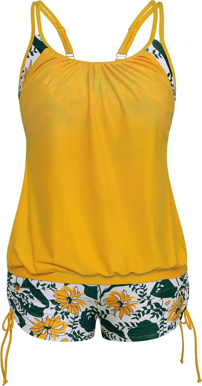 Hanna Nikole Womens Plus Size Striped Printed Strappy Tankini Top with Shorts Two Piece Swimsuit