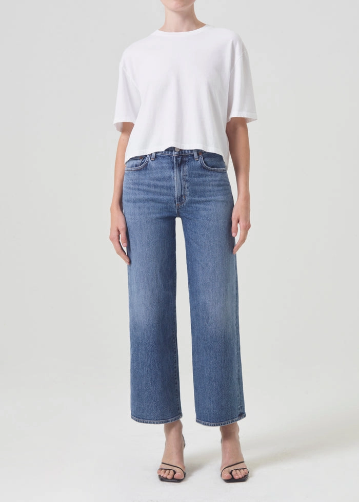 Harper Crop Mid Rise Relaxed Straight Jean in Moor Moisture Wicking Inner Layer Minimal Edge