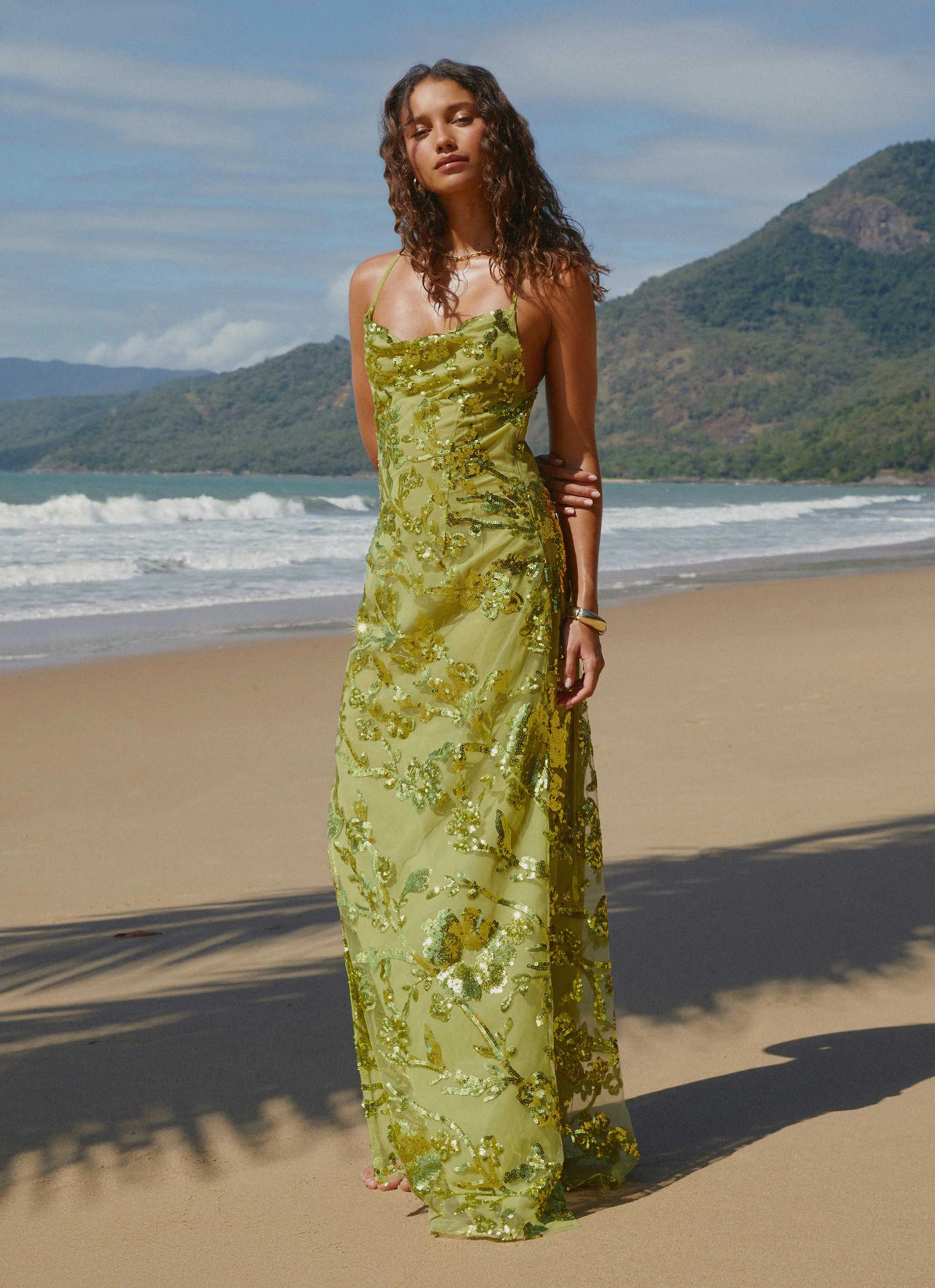 Cruise-Wear Havana Sequin Maxi Dress - Lime